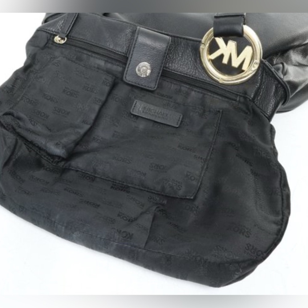 Michael Kors Fulton EastWest Black Soft Pebbled Leather Lg Gold MK Medallion Bag - Picture 5 of 12